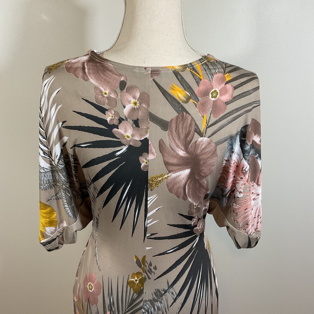 Karlie Dress Women S Taupe Tropical Twist Front Batwing Sleeve Resort Cocktail - Picture 10 of 15